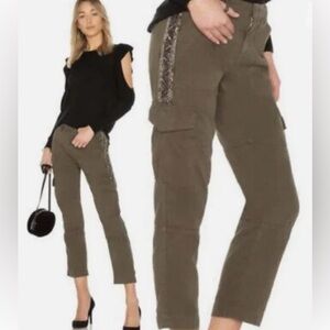 Joie Embellished Utility Fatigue Olive Khaki Cargo pants with Beaded Sides.
